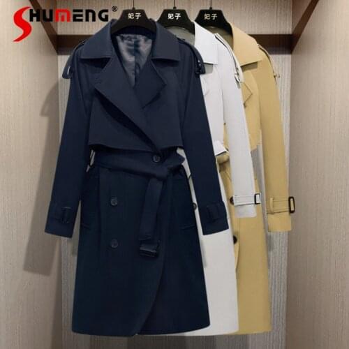 England Style Navy Blue Trench 2020 Spring and Autumn Ladies Long Trench Coat Retro Double-breasted Womens Wind Coat Windbreaker