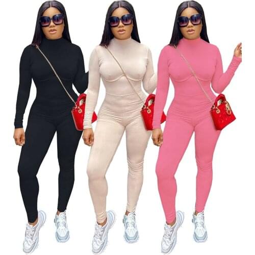 2020 Fall solid color full sleeve jumpsuits women fitness slim rompers zipper long bodysuit skinny jogger