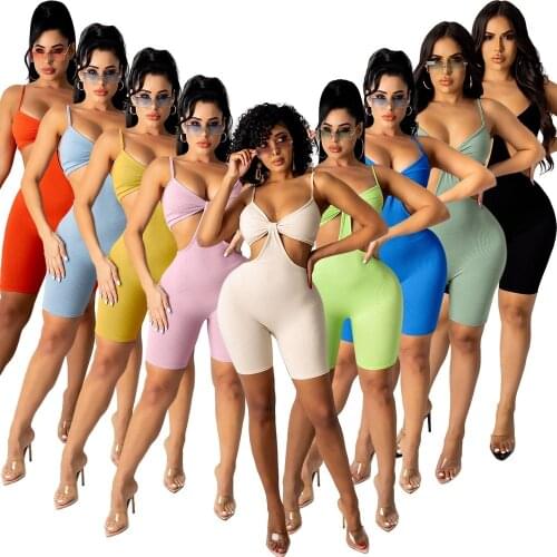 Sexy Bra Knitted Shorts Jumpsuit Women Backless Bodycon Rompers Solid Color Summer Spaghetti Strap Playsuit Bodysuit for 2021