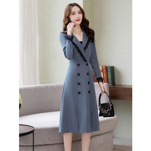 Dress Female Mid-length 2020 Spring New Style OL lady Temperament Double-breasted Lace Patchwork Windbreaker Dress Clothes f2889