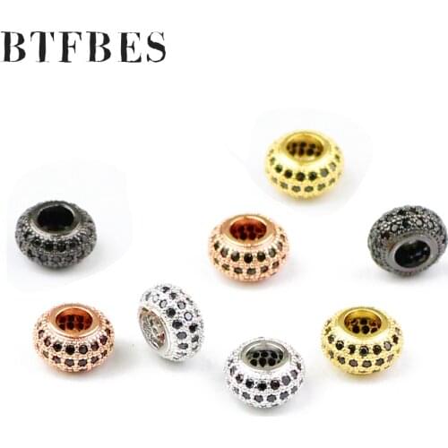 BTFBES 2pcs CZ Copper Coin Spacer beads 8mm flat Round Black zircon Charms metal Loose beads for Jewelry bracelet making DIY