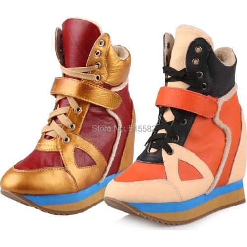 2017 high top lace up plush warm genuine leather wedge heeled casual shoes thick sole bottom platform height increasing shoes