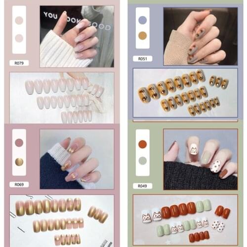 24pcs Golden French False Nails Leopard Spotted Japanese Korean Cartoon Kitten Nail Tips Silver Transparent Fake Nails Manicure