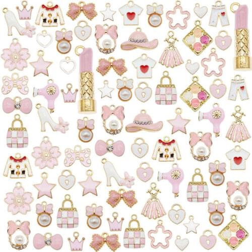 25pcs/pack Mix Shape enamel alloy charms lipstick bow Heart flower hat package pendant Earrings Necklace Pendant keychain Gift