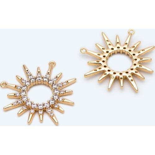 4pcs CZ Sun Charm With Two Loop, Real Gold Plated Brass, Jewelry Supply (GB-2000)