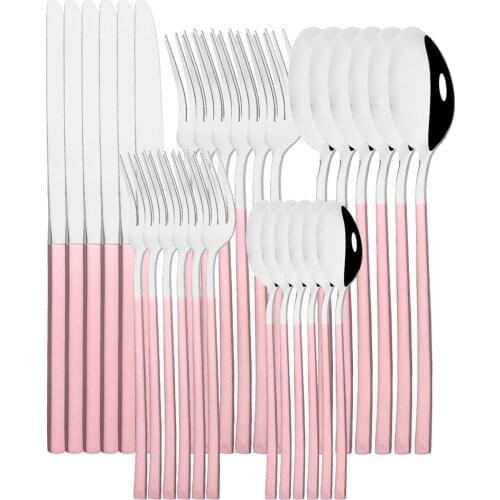 6/30Pcs Pink Silver Dinnerware Set Stainless Steel Cutlery Kitchen Flatware Tableware Fork Western Knife Spoon Silverware Set