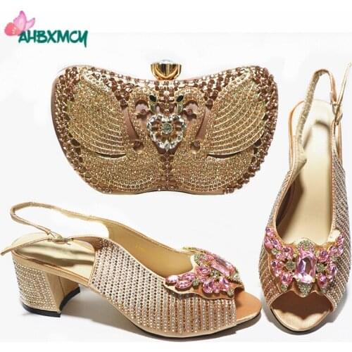 Mature Style African Ladies Shoes and Bag To Match Slingbacks Decorate with Rhinestone for Christmas Party in Champagne Color