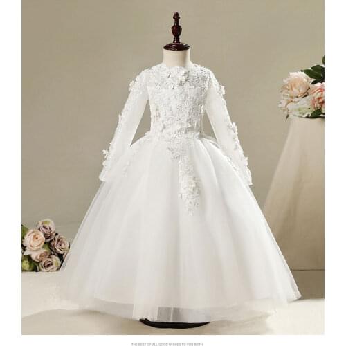 White Tulle Baby Girl Dresses Long Sleeve Beads Embroidery Flower Lace Baby Girl Christening Gown Newborn Baptism Clothing Infant 1 st Birthday Girl Party Dresses