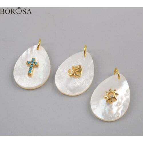 BOROSA Shell Jewelry 10PCS Teardrop High Quality Natural White Shell Slice With Multi-shape Rainbow Zircon Charm Pendant G1803