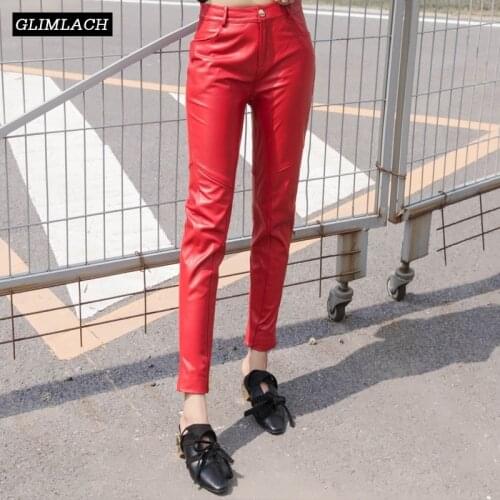 Red Sheepskin Natural Genuine Leather Trousers Lady Streetwear Real Leather Pants Women Slim Fashion Ankle-Length Pencil Pants
