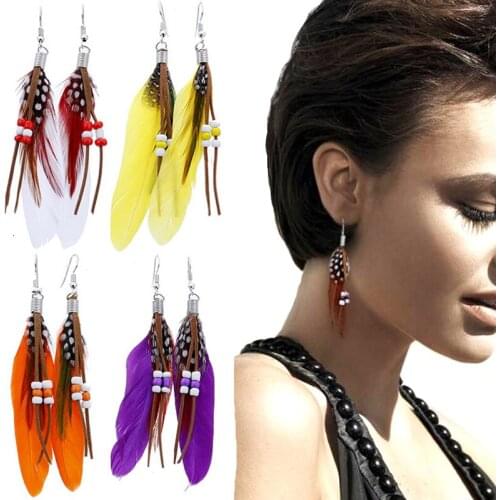 New Arrival Hiphop Long Feather Earrings Elegant Colorful Tassels Drop Hanging Earrings Bead Dangle India Style Jewelry