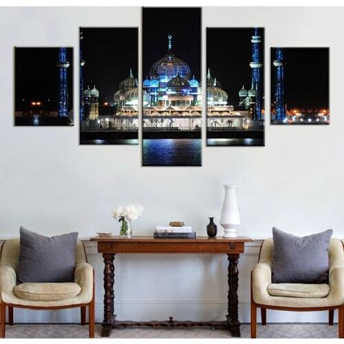 HD Printed Canvas Modular Muslim Pictures 5 Panel Islam Frame Wall Art Painting Building Fashion For Living Room Decor Poster