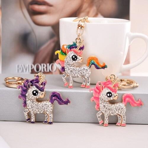 Exquisite Cute Unicorn Crystal Animal Keychain Car Packback Pendant Ornament Dripping Oil Horse Keyring Trinket Jewelry Gift