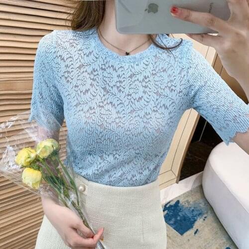 Korean Version Of The 2021 Summer New Hollow Lace Blouse Womens Slim Slimming Short-sleeved T-shirt Women