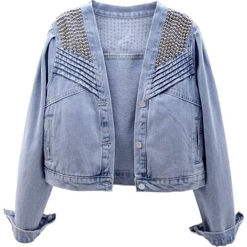 Fashion Vintage Rivet Denim Jacket Women Spring Autumn Single-Breasted Short Jeans Coat Ladies Loose Plus Size Outerwear G822