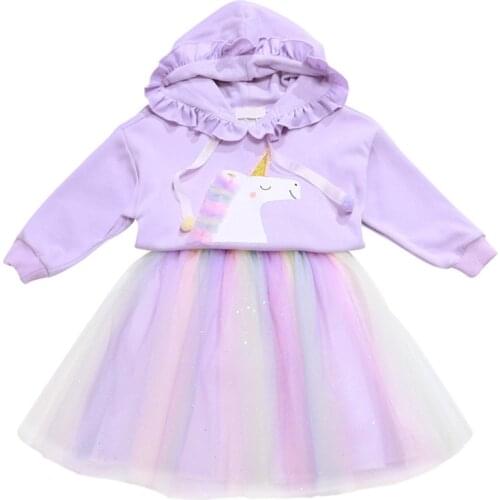 Cute Unicorn Kids Skirt Suit Long Sleeve Hoodie+Skirt 2Pcs Girls Clothing Set Christmas Party Rainbow Mesh Tutu Princess Costume