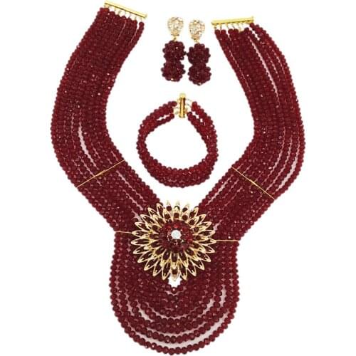Fashion Wine African Beads Jewelry Set Crystal Necklace Bracelet Earrings Sets 8WD03