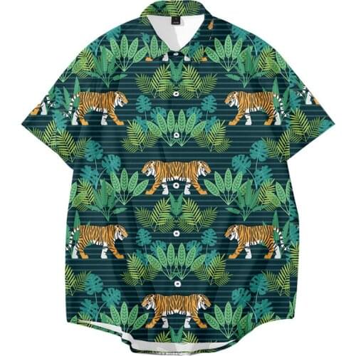 LCFA Men Short Sleeve Lapel Striped leaf tiger Print Shirt Tropical Leaf Floral Shirt Casual Summer Hawaiian Holiday Camisa Tops