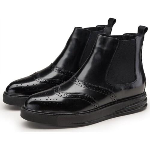 Ankle Boot for Men Chelsea Boot Pull On Style Premium Genuine Leather Brogue Carving Wingtip Fleece Lined Round Toe Platform