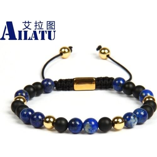 Ailatu Men Bracelet Natural Lapis Lazuli Stone Braided Bracelets with 6mm Matte Onyx Beads Friendship Jewelry