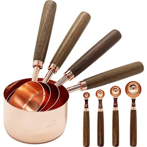 Stainless Steel Measuring Spoons Set with Walnut Wood Handle - Set of 4/8 Cooper Measuring Cups for Dry and Liquid Ingredients