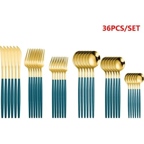 36Pcs Green Gold Cutlery Set Mirror Colorful Flatware Set 304 Stainless Steel Dinnerware Set Kitchen Silverware Golden Tableware