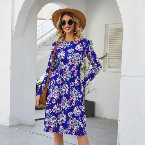 2021 Spring Summer New Casual Fashion Round Neck Long Sleeve Fashion Floral Print Medium Waist Srteet Style Ladies Dre