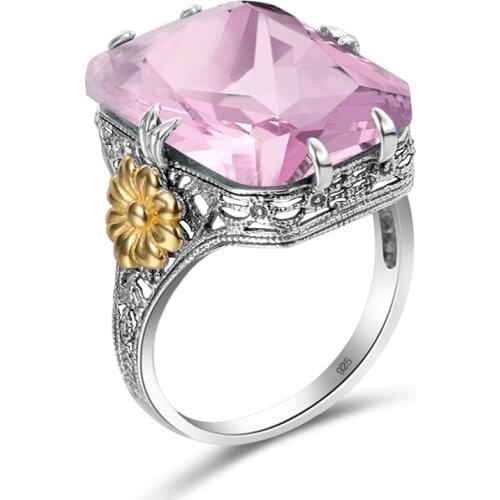 Genuine Silver Rings For Women Pure 925 Sterling Silver Gold Plated Flower Rings Pink Crystal Trendy Handmade Fine Jewelry Retro