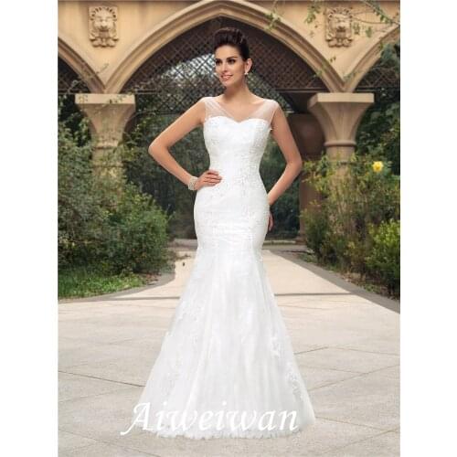 V-Neck Floor-Length Sleeveless Appliques Mermaid Garden/Outdoor Tulle Wedding Dress 2021