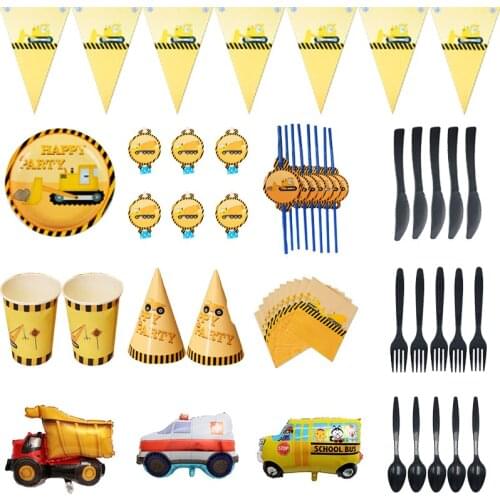 Construction Vehicle Excavator Disposable Tableare Kids Boy Baby Shower Disposable Tableware Plates Napkins Straw Party Supplies