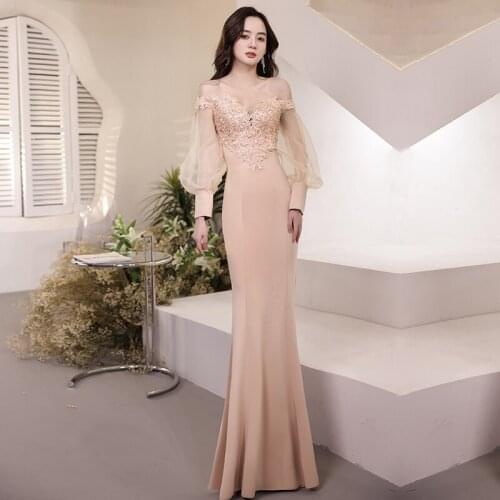 Evening Dresses Elegant Off The Shoulder Mermaid Full Sleeves Boat Neck Floor-length Plus size Women Formal Party Dress C1101