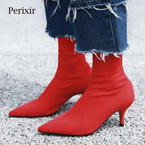 Perixir 2020 New Women Sock Boots Pointed Toe Elastic High Boots Slip On High Heel Ankle Boots Sexy Stilettos Female Shoes