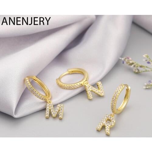 ANENJERY 925 Sterling Silver 1 Pair 26 Alphabet Letter Hoop Earrings Initial Zircon Earrings For Women Men Name Jewelry S-E1169