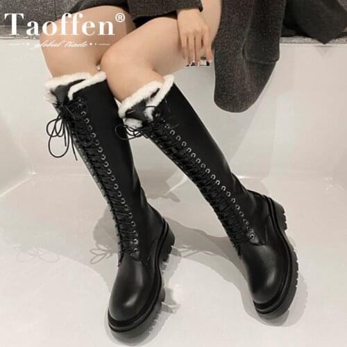 Taoffen Women Knee Boots Warm Fur Fashion Platform Zipper Winter Shoes Women High Heel Snow Boot Thick Fur Footwear Size 34-43