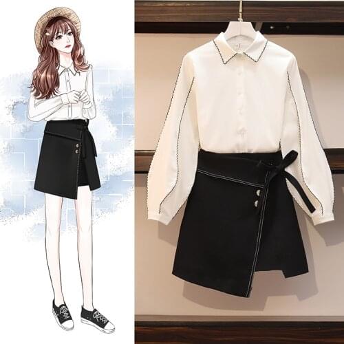 Plus Size 2 Piece Set Women Office Ladies 2020 New Spring Lantern Sleeve Embroidery Shirt + Bow Mini Black Skirt Sets M-4XL