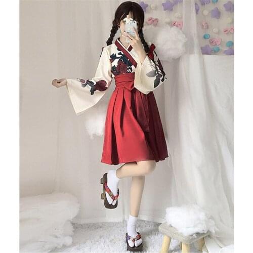 Japanese Style Retro Kimono Haori Floral Print Long Sleeve Woman Girls Party Cosplay Dress Summer Fashion Outfit Bow Skirt Sale