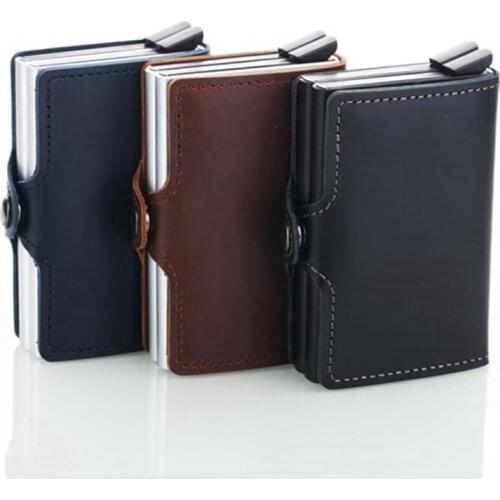 1 Piece Cowhide Leather and Aluminum Men Credit Card Holder Double Box Fashion Mini Safe Aluminum Antimagnetic Purse Card Case