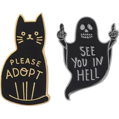 Unisex 2Pcs/Set Halloween Drop Drops Black Cat Black Ghost Brooch Non Fading Cartoon Metal Pin