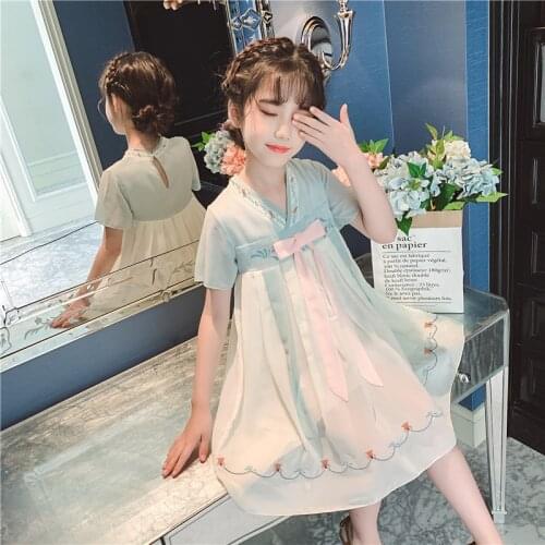2021 Girls Dress Elegant Chinese Style Kids Dresses for Girl Short Sleeve Summer Dress Children Clothing 4 6 8 10 12 14 Yrs