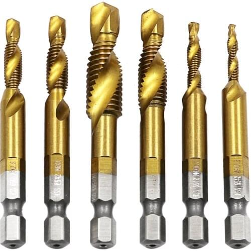 6 Pcs Hex Shank HSS Drill Bits Titanium Plated Screw Metric Thread Spiral Trapezoidal Metal Iron Hole Drill Tap Drill Bit M3-M10