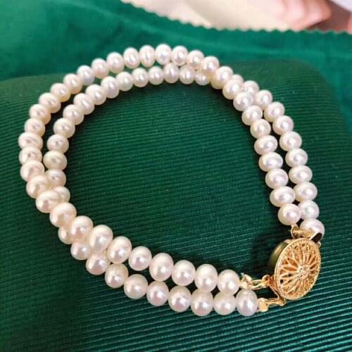 Handmade natural 2 rows 7-7.5mm white freshwater pearl golden sunflower accessories clasp bracelet long 20cm