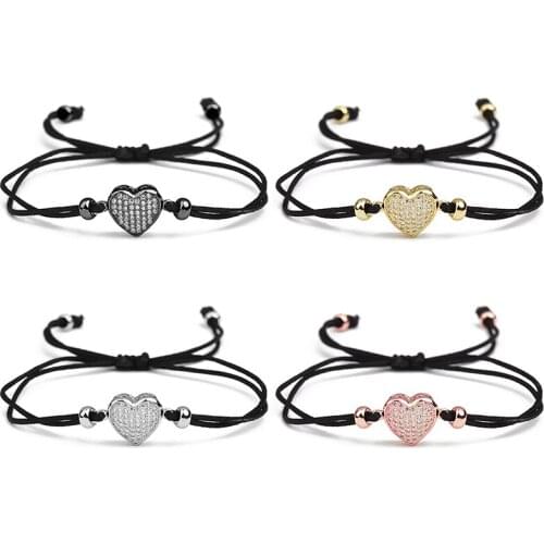 XINYAO Handmade CZ Crystal Love Heart Bracelet Wristband Female Adjustable Black Rope String Bracelets for Women