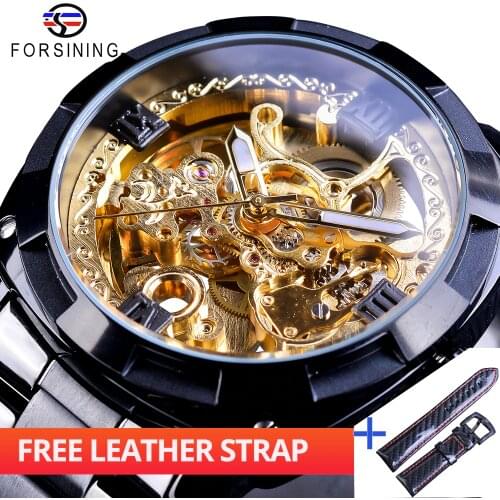 Forsining Watch + Band Set Combination Retro Golden Skeleton Black Steel Band Transparent Men Automatic Mechanical Brand Watches