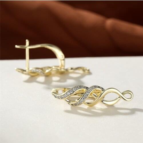 Classic Gold Color Wedding Earrings Geometric Cross Wave Earrings White Zircon Small Stone Hoop Earrings For Women Party Jewelry