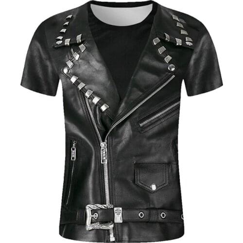 Fashion Print Leather Jacket Cool 3d T-shirt Men Women T Shirts Tops O-neck Sport Hip Hop Short Sleeve Unisex T-shirts Tee Shirt