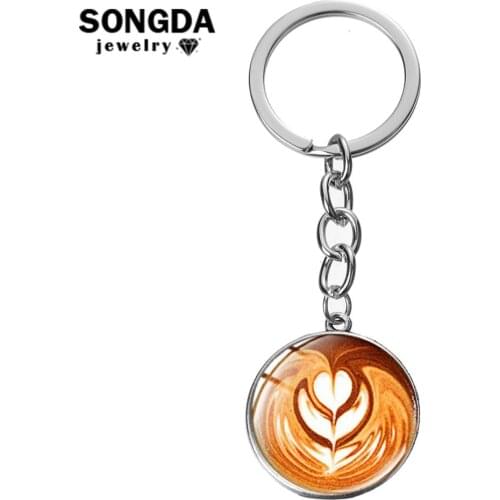SONGDA Fashionable Cappuccino Coffee Keychain Hot Chocolate Art Pattern Glass Dome Pendant Key Chain Ring Gift for Coffee Lovers