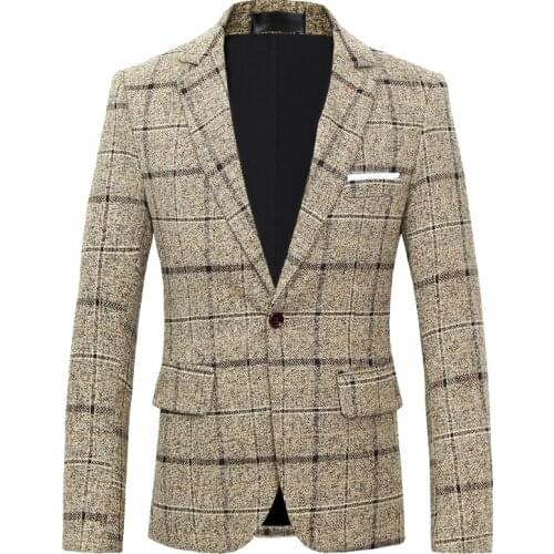 British Mens Blazer Jacket Plaid Suit Coat Male Slim Fit Dress Prom Tops Clothes Man Spring Autumn Casual Blazers for Men