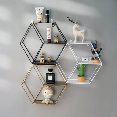Wall Mounted Storage Holder Geometric Iron Wall Shelf Hexagonal Storage Rack for Living Room Home Office Hanging Organizer Decor