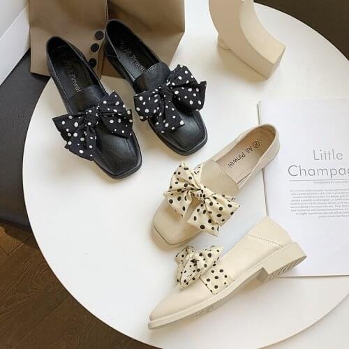 New retro grandma shoes Ladies loafers shoes shallow mouth wild single shoes Bow Fashion shoes Square Head pea shoes U15-71