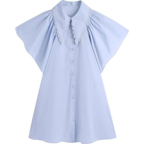 ZXQJ Women 2021 Fashion Lace Appliques Poplin Mini Dress Vintage Short Ruffled Sleeve Button-up Female Dresses Vestidos